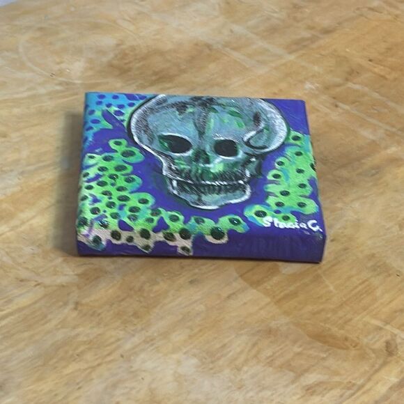 Original Acrylic Painting 4x4 Purple and Green and Silver Skull Painting - Picture 8 of 9